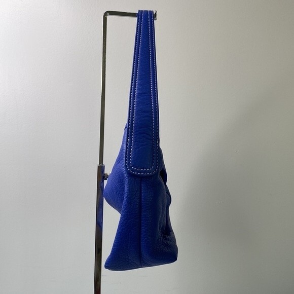 Liz Claiborne Blue Pebbled Leather Mini Hobo Bag Contrast Stitch Fold Over Flap - Picture 3 of 16